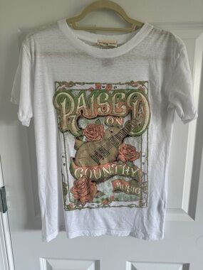 NWOT Refined Canvas Raised On Country Music Graphic Tee - White, Green & Coral